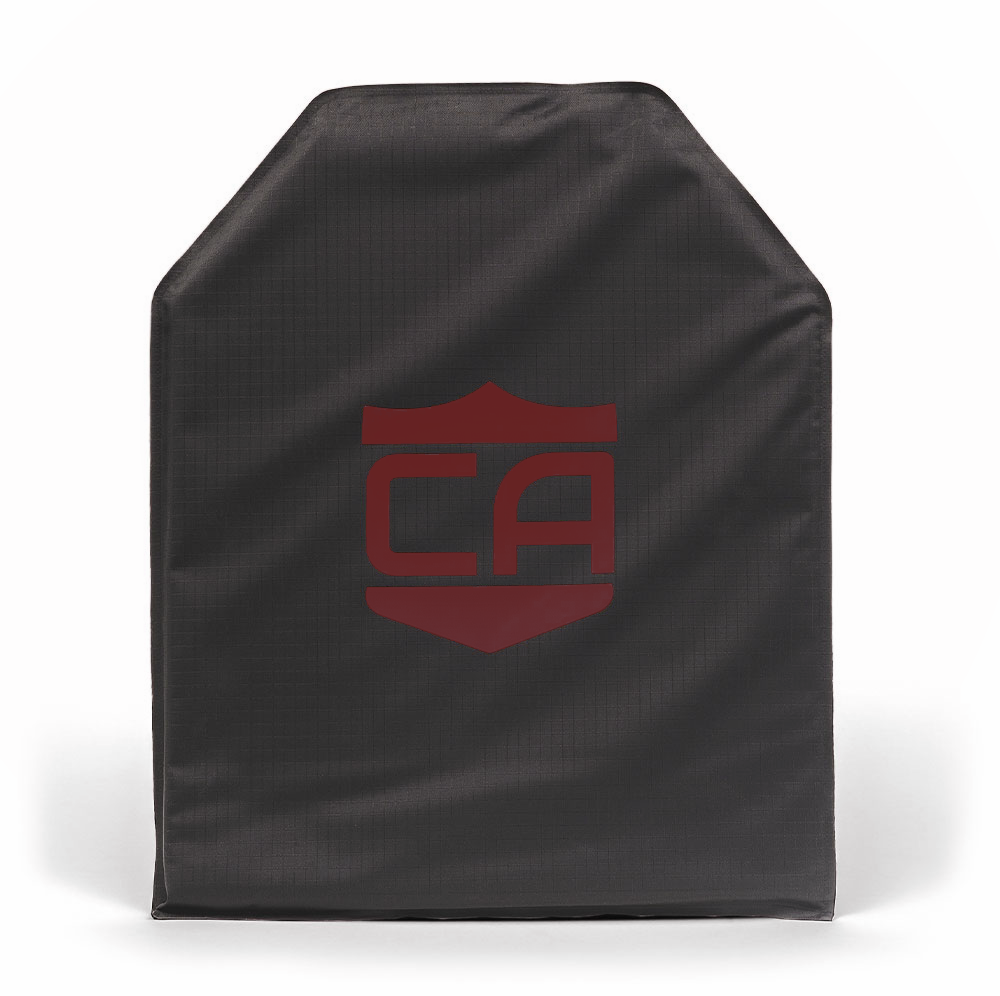 NIJ Level IIIA HG2 CaliberX Core Soft Body Armor plate backer panel, SAPI cut profile with red CA decals - on a white background