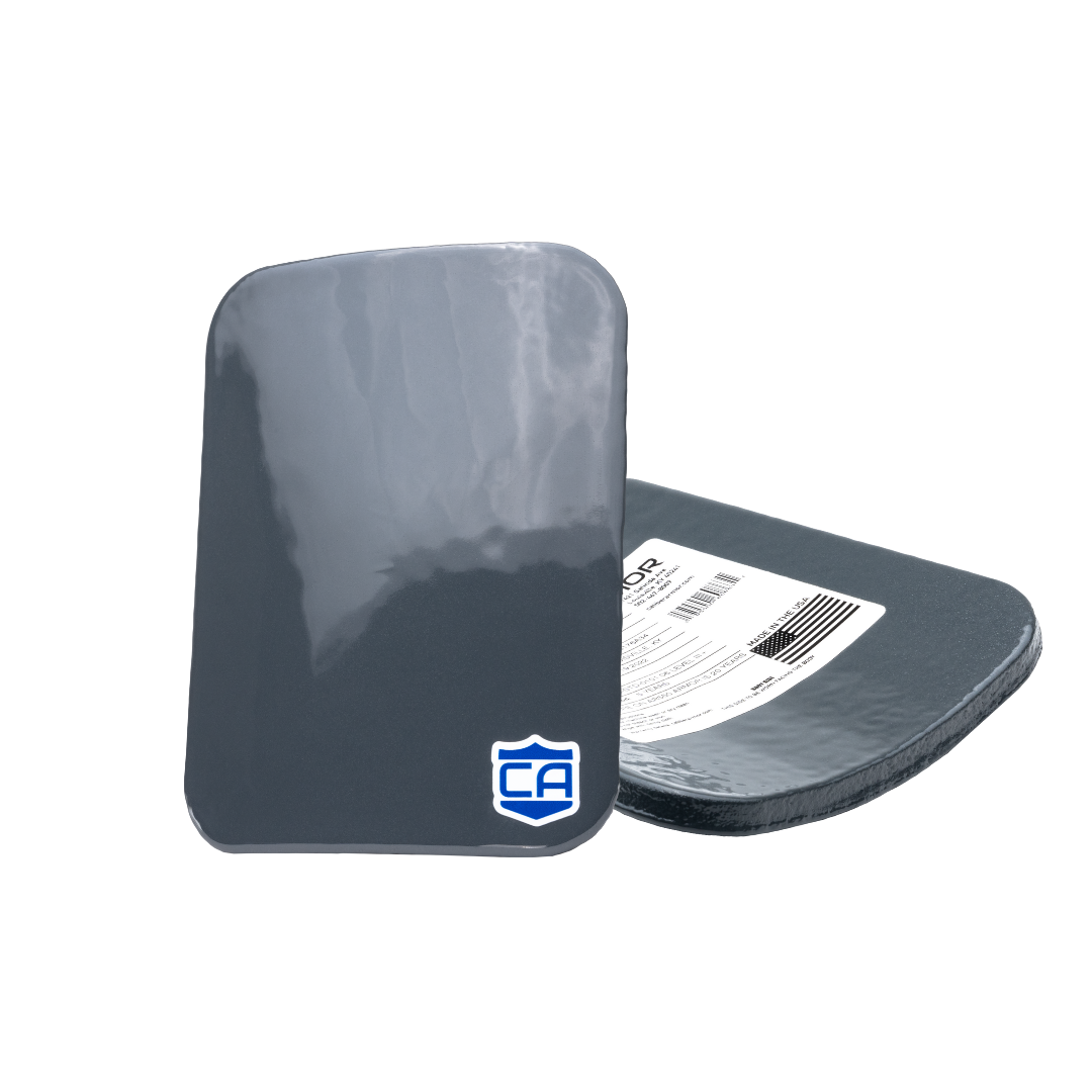 AR550 AV2 RF2 6x8 inch steel alloy side armor plates with PolyShield coating on a white background