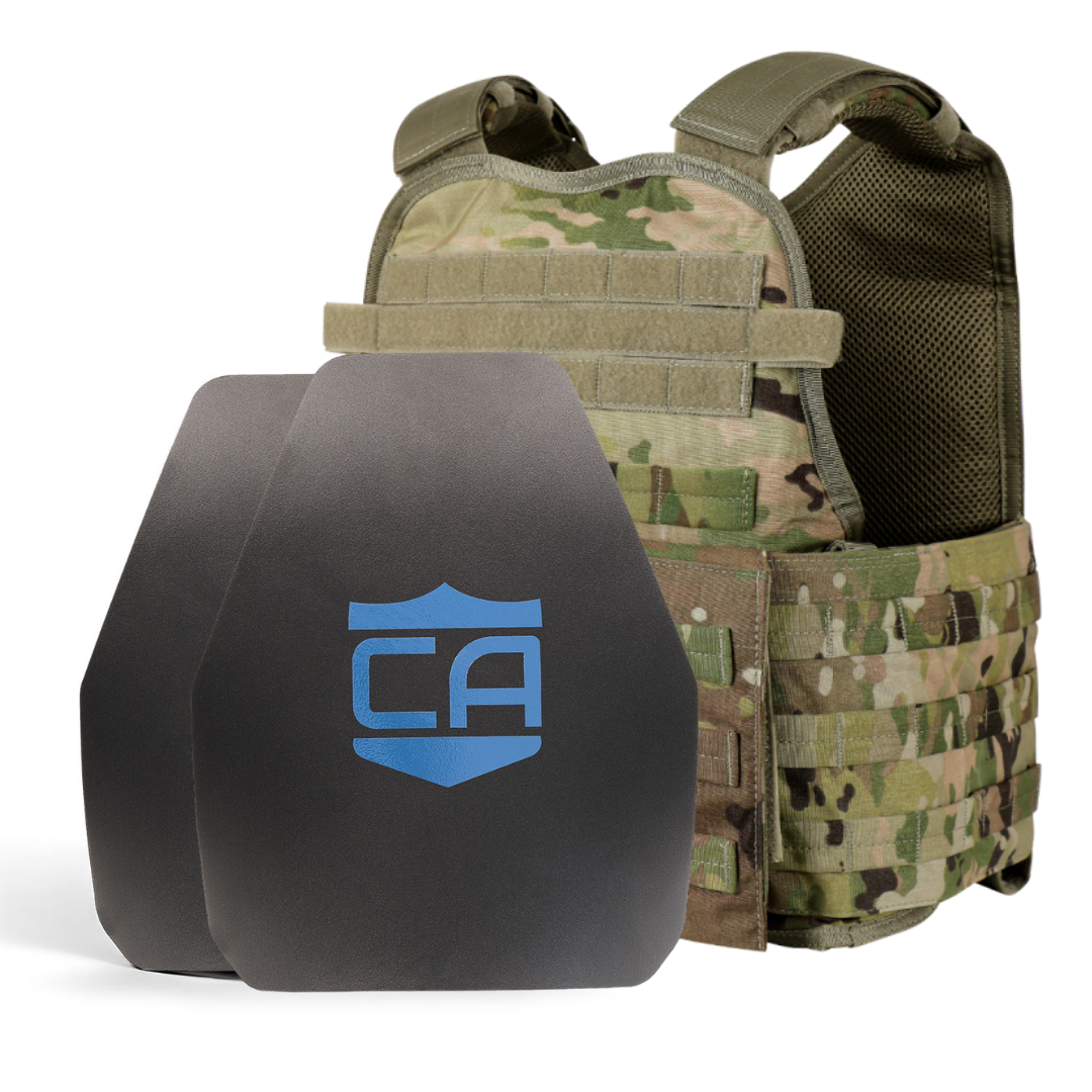 Front view of the AR550 Level III+ shooters cut Body Armor Package with scorpion Condor MOPC plate carrier with standard coating on a white background