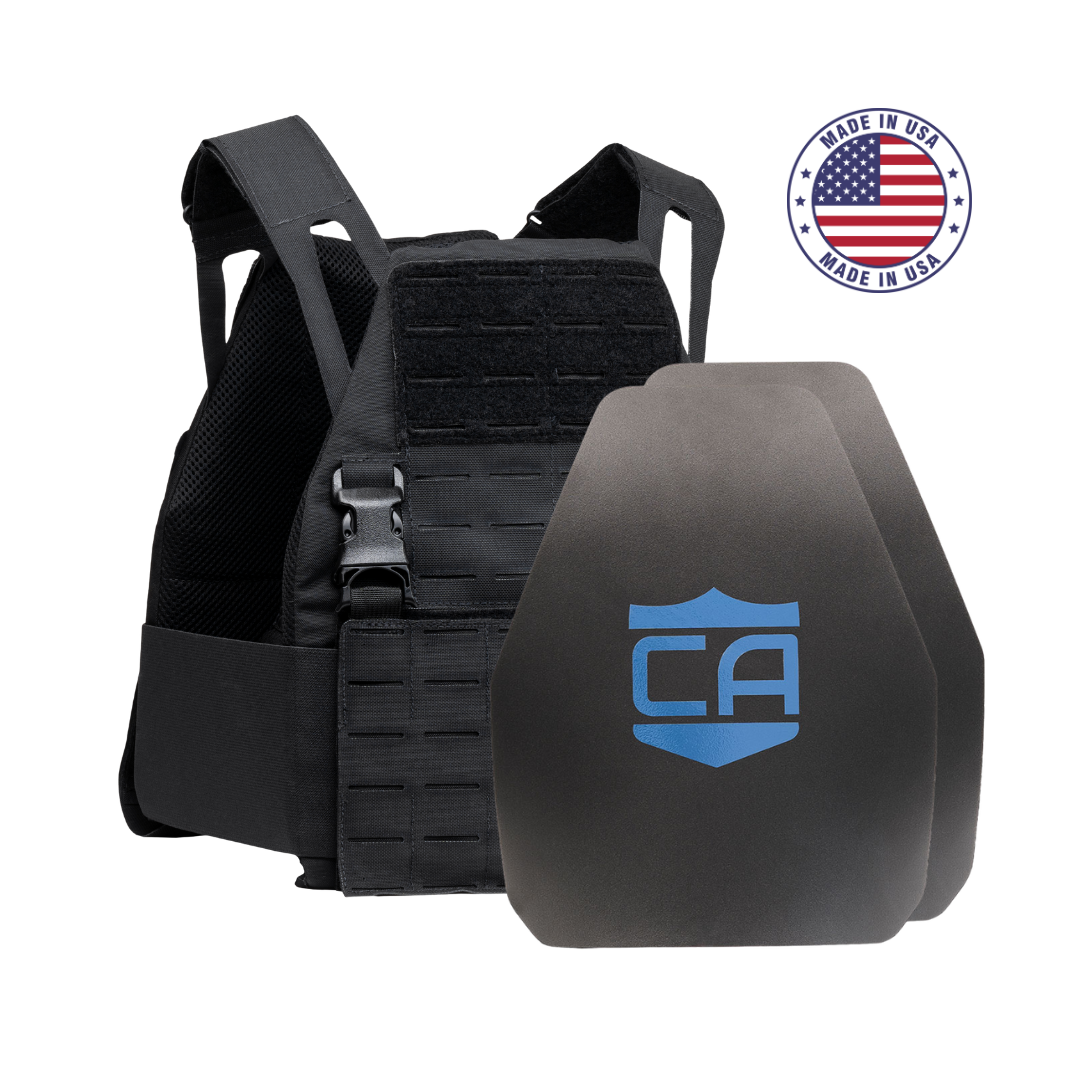 AR550 DV8 Body Armor Package with black DV8 Plate Carrier and two shooters cut standard coating hard armor plates on a white background with a made in the USA badge in the upper right-hand corner