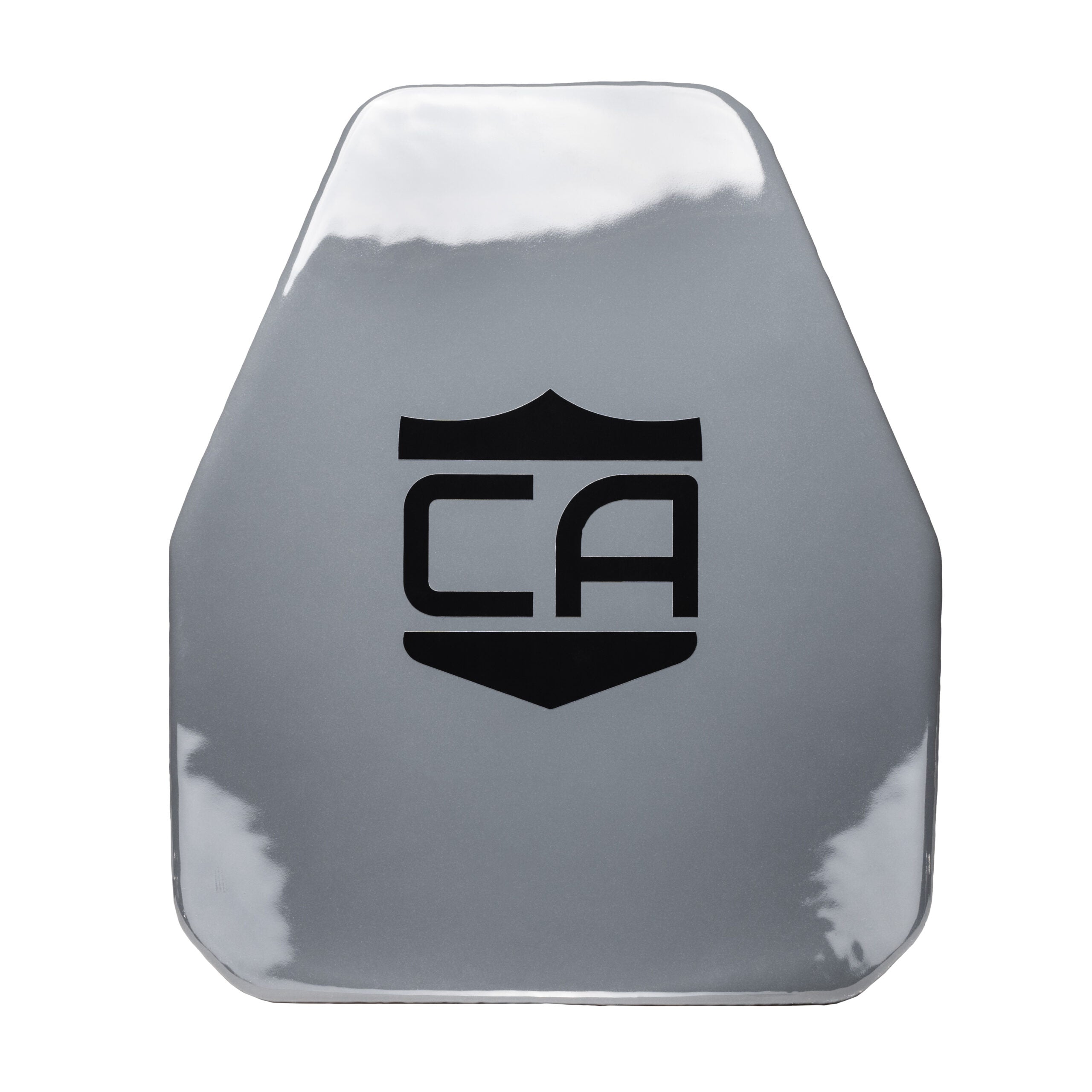 Front view of AV2 Multi-Curve RF2 steel alloy body armor plate with PolyShield coating shooters cut on white background
