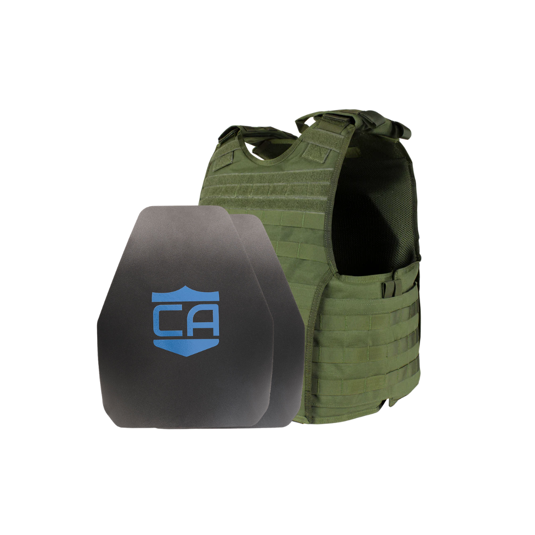 Front view of the Condor EXO AR550 III+ Body Armor Package in OD Green with standard coating shooters cut