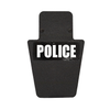 Front of black 12" x 18" Caliber Armor Pistol rated Level IIIA HG2 Ballistic Shield with VL handle with "police" logo on a white background