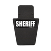 Front of black 12" x 18" Caliber Armor Pistol rated Level IIIA HG2 Ballistic Shield with VL handle with Sheriff logo on a white background