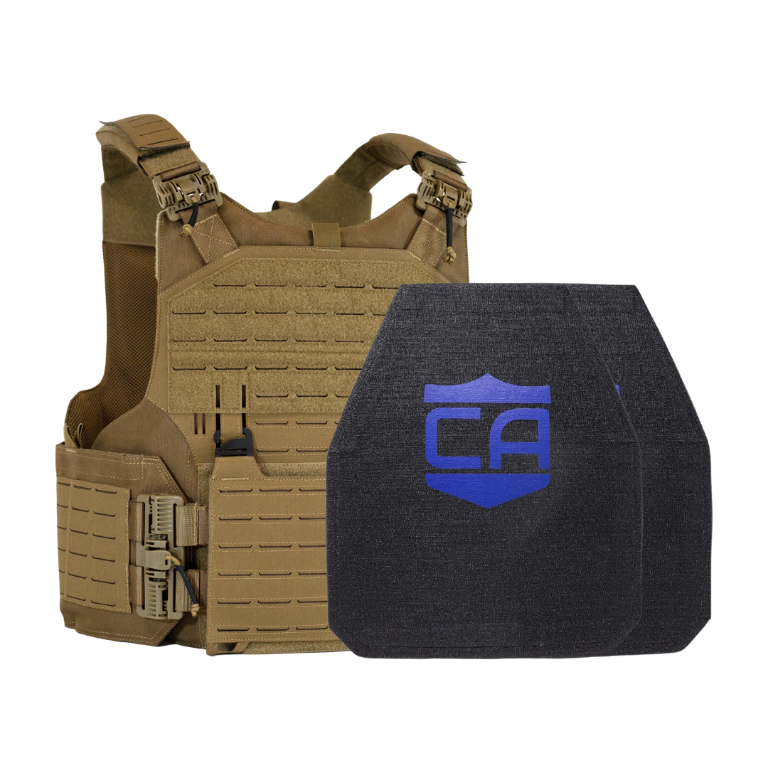 Tan M.O.D. carrier with two LevelIV shooters cut ceramic plates