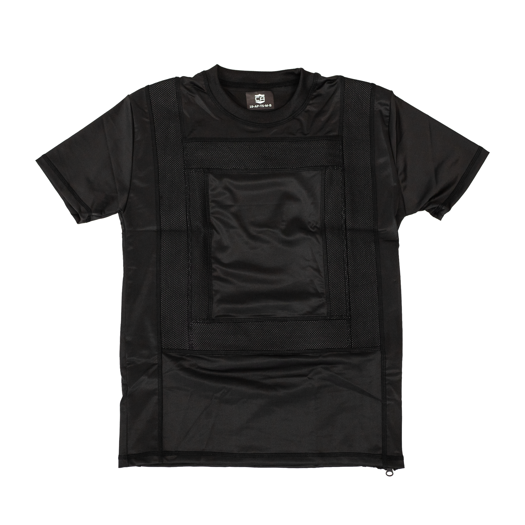 Black tactical shirt with pocket for soft armor panels on a white background