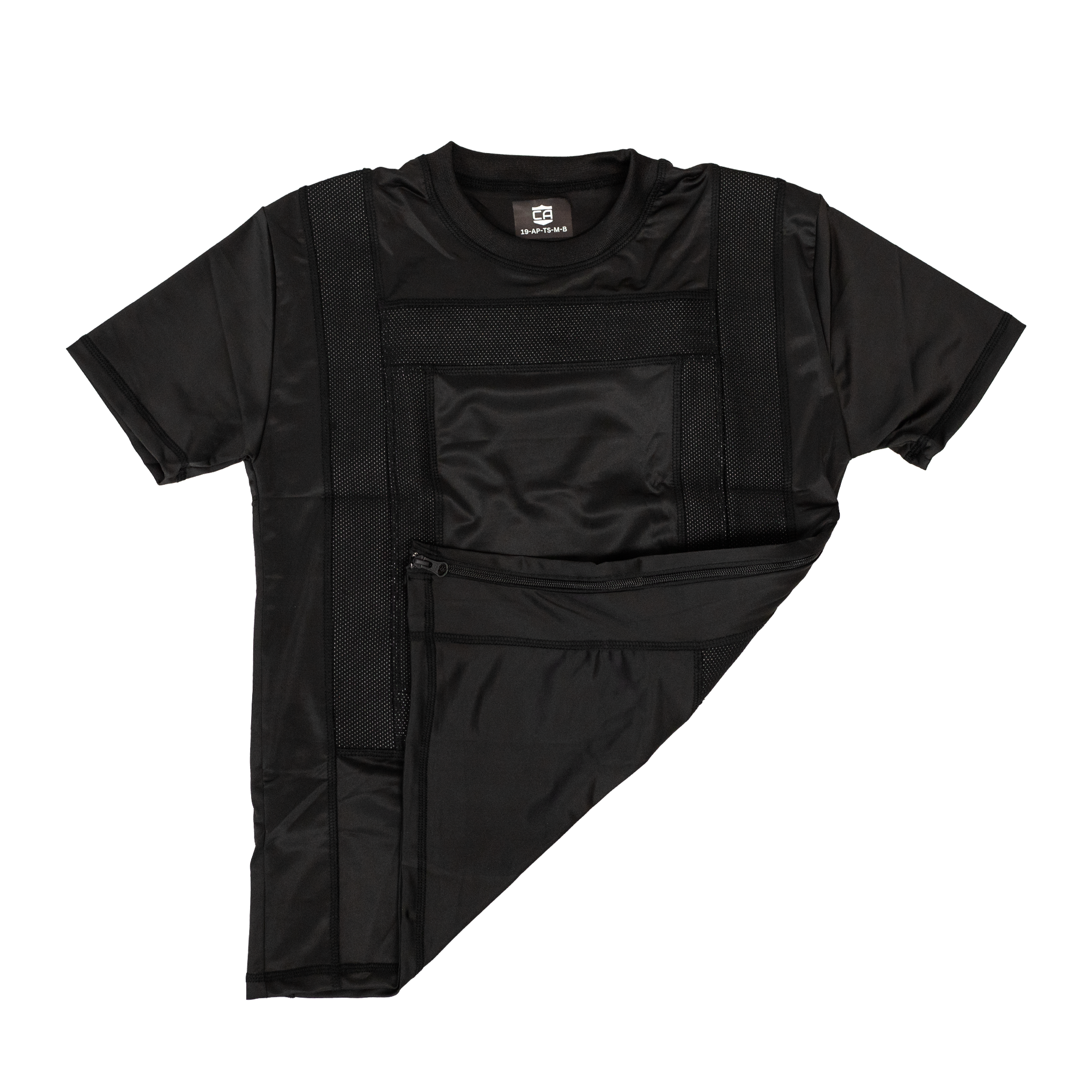 Black compression concealable body armor t-shirt on a white background