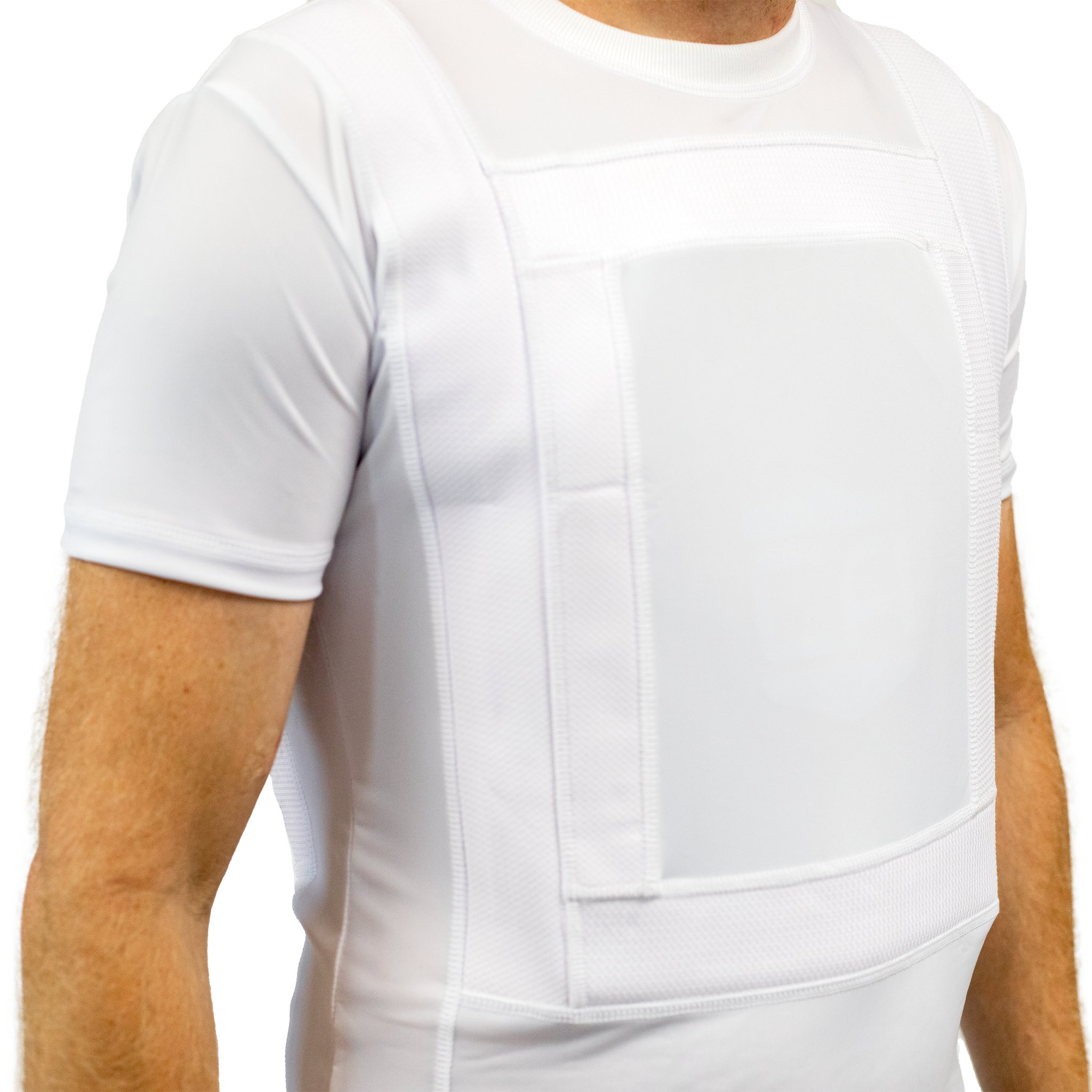 White compression concealable shirt worn by a person on a white background