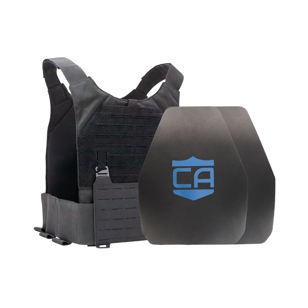 Black Phantom carrier with two shooters cut steel body armor plates with standard coating in black