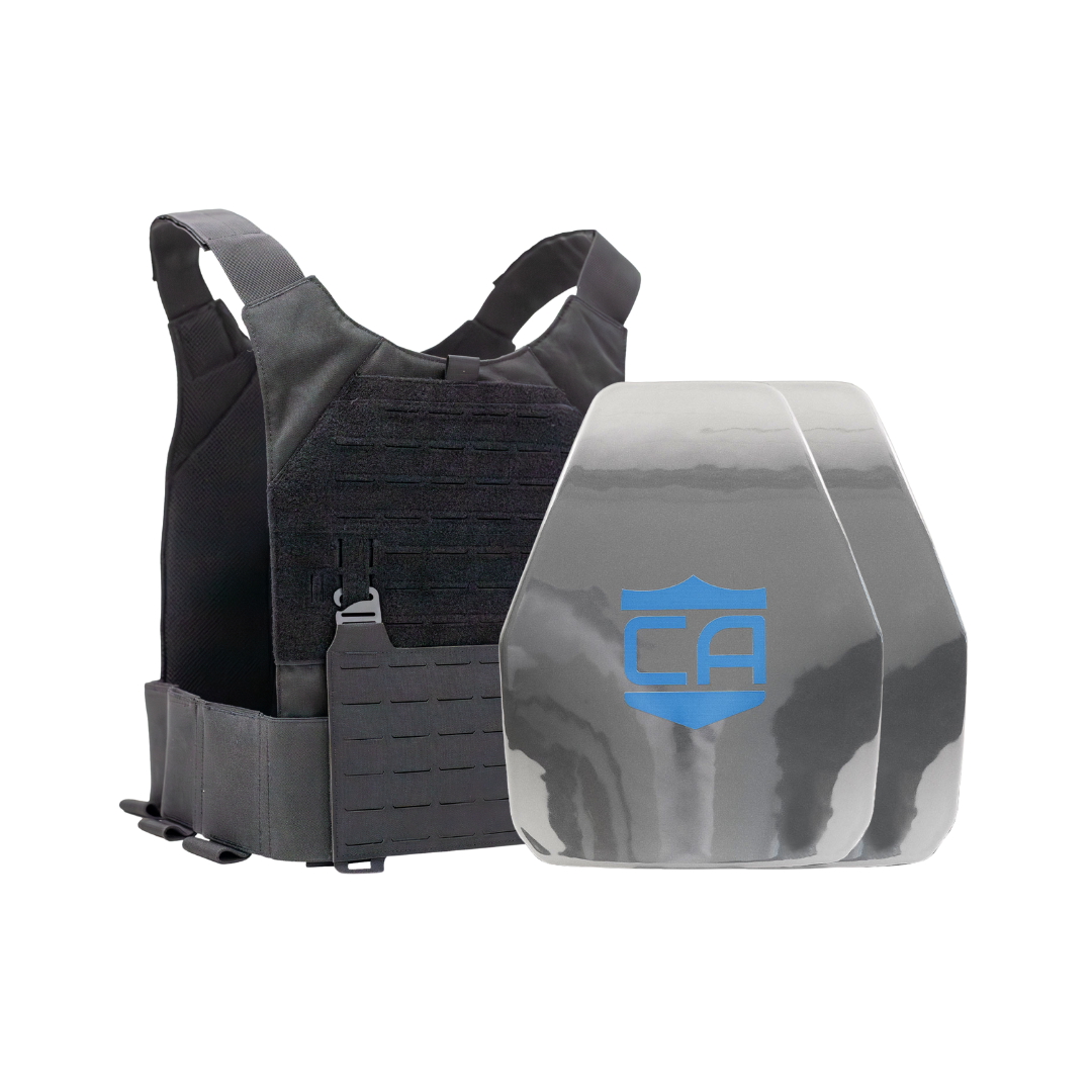 Black Phantom carrier with two  shooters cut steel body armor plates with protecting PolyShield anti-spall coating
