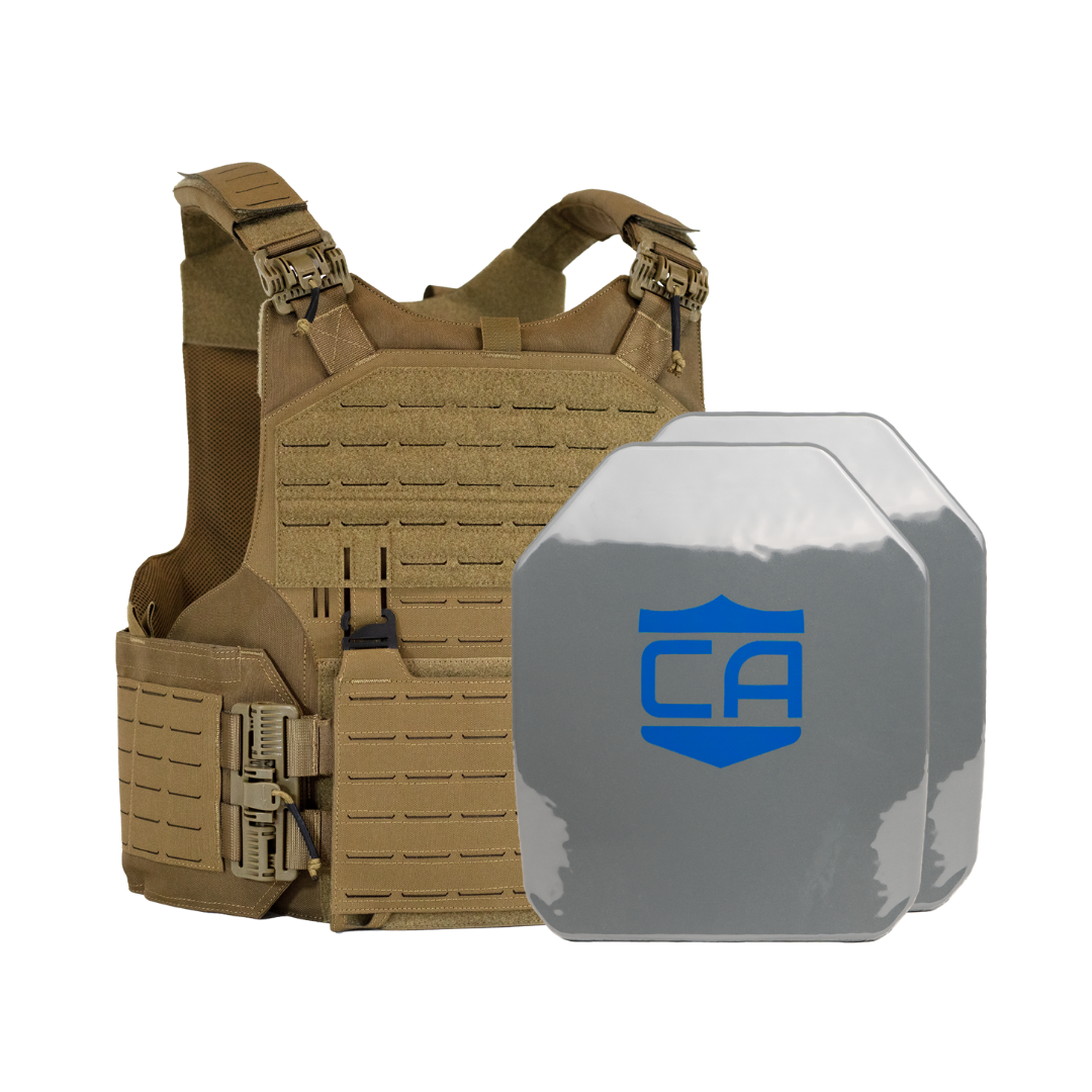Tan M.O.D. carrier with two SAPI cut steel body armor plates with protecting PolyShield anti-spall coating