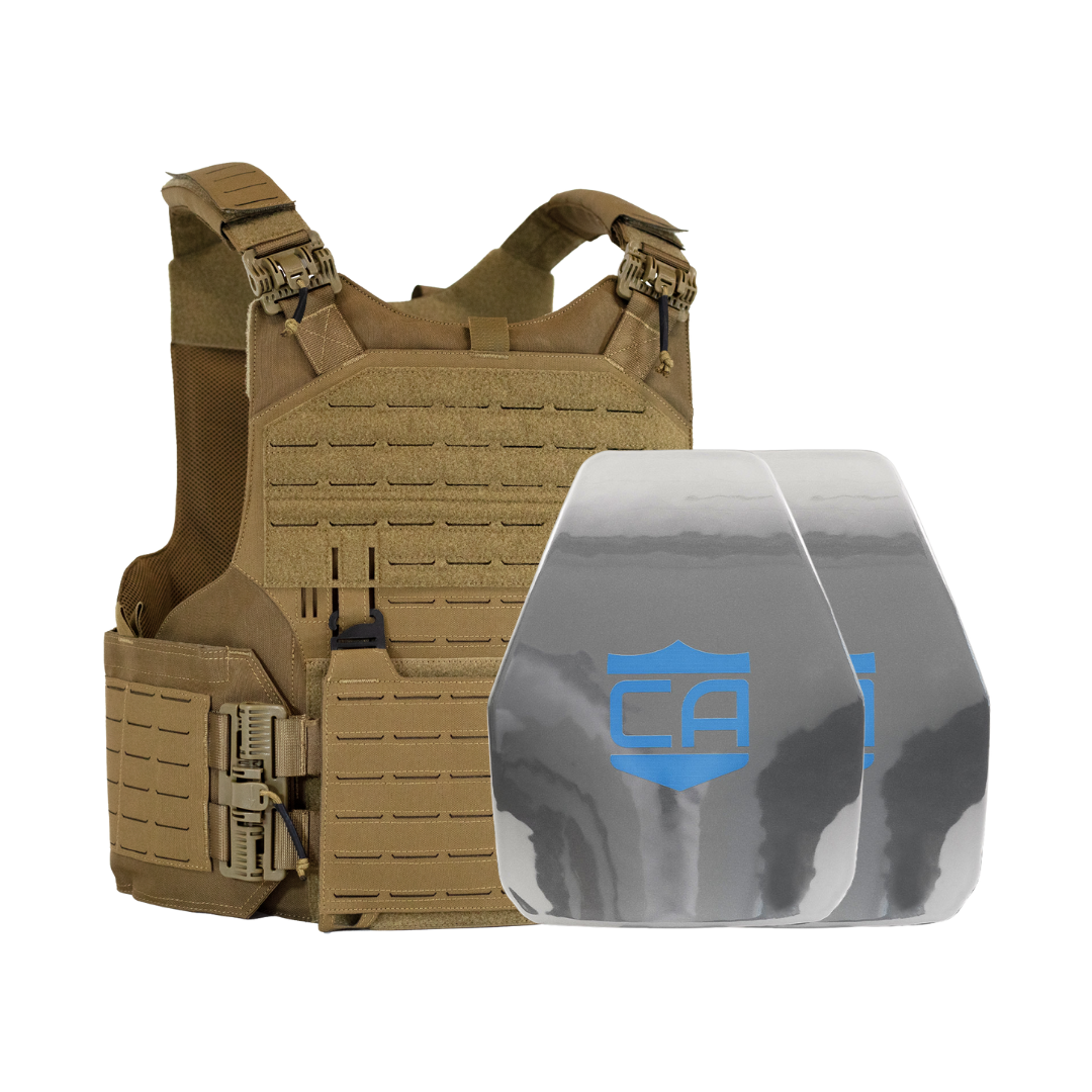 Tan M.O.D. carrier with two  shooters cut steel body armor plates with protecting PolyShield anti-spall coating