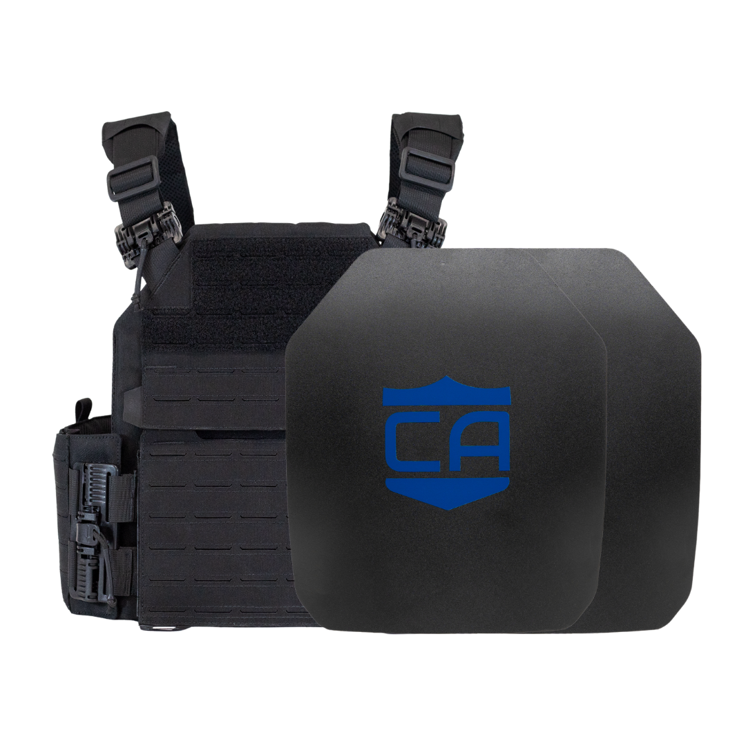 Black Recon Tactical Carrier with two SAPI cut steel plates Standard Coating