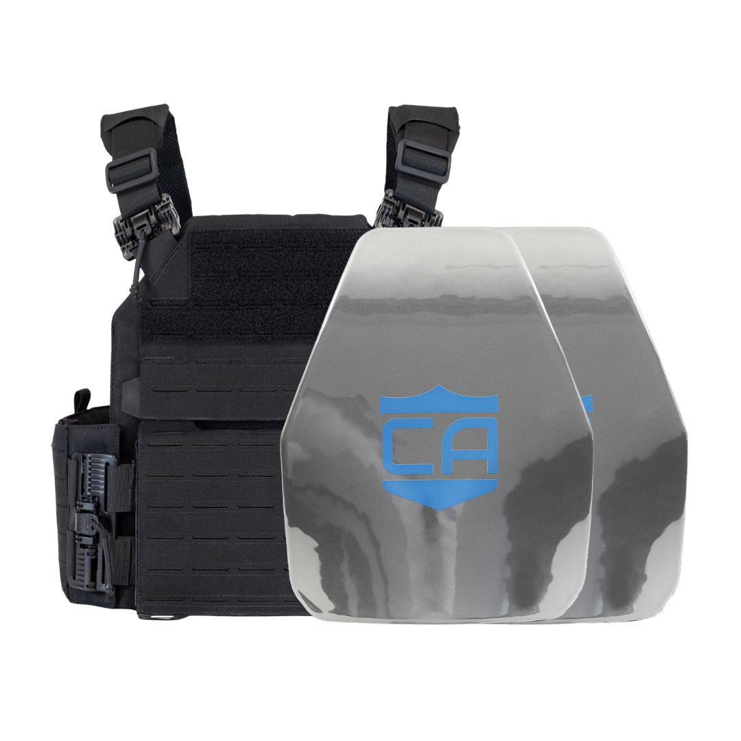 Black Recon Tactical Carrier with two shooters cut steel plates featuring protective PolyShield Spall Coating