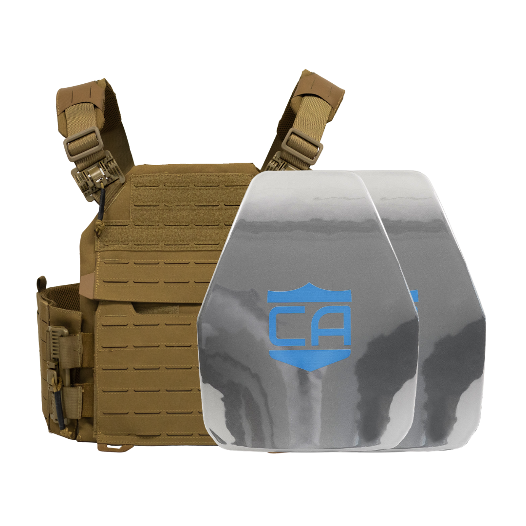 Brown Recon Tactical Carrier with two shooters cut steel plates featuring protective PolyShield Spall Coating