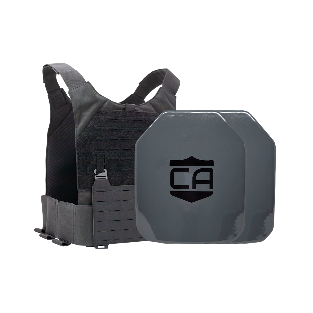 Black Phantom carrier with two AV2 SAPI cut steel plates featuring protective PolyShield Anti-Spall Coating