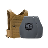Coyote Tan Phantom carrier with two AV2 shooters cut steel plates featuring protective PolyShield Spall Coating