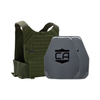 Olive Drab Green Phantom carrier with two AV2 shooters cut steel plates featuring protective PolyShield Spall Coating
