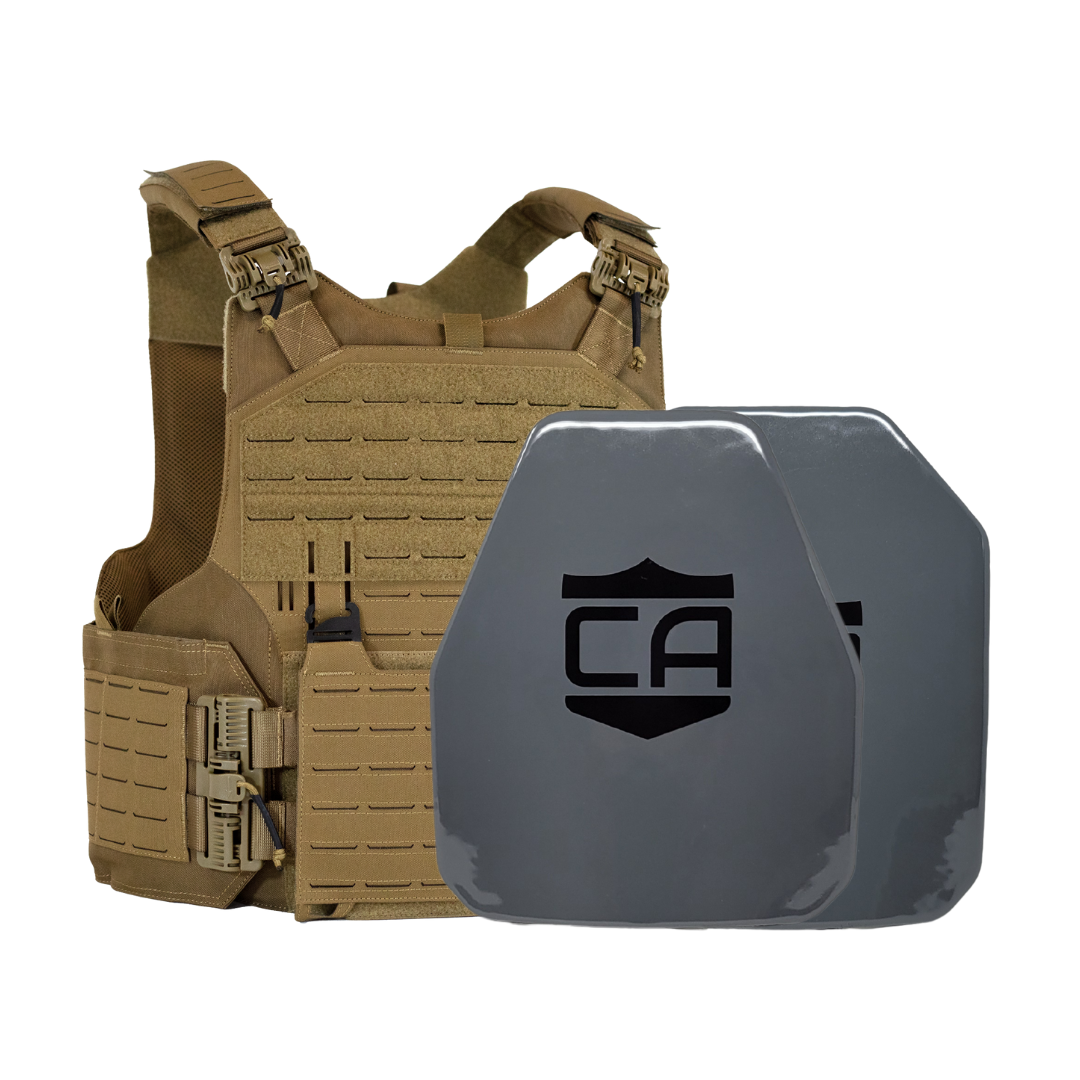 Tan M.O.D. carrier with a AV2 shooters & SAPI cut steel plates featuring protective PolyShield Spall Coating