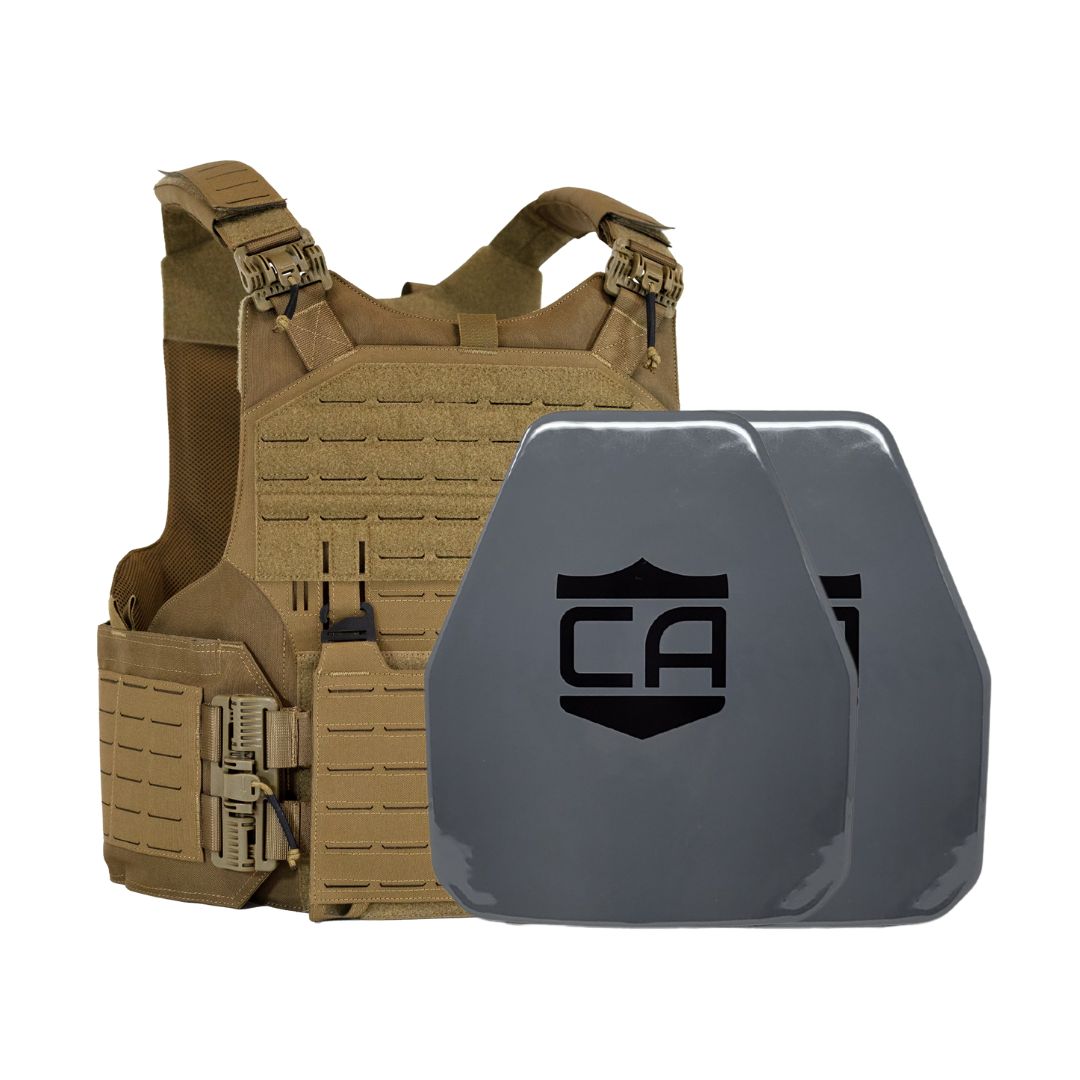 Tan M.O.D. carrier with two AV2 shooters cut steel plates featuring protective PolyShield Spall Coating