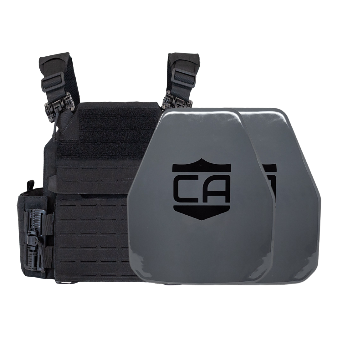Black Recon Tactical carrier with two AV2 shooters cut steel plates featuring protective PolyShield Spall Coating