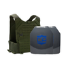 NIJ level IIIA/HG2 Speed Plate hard body armor package, SAPI cut plates with a Olive Drab Green Caliber Armor Phantom Low visibility plate carrier, on a white background