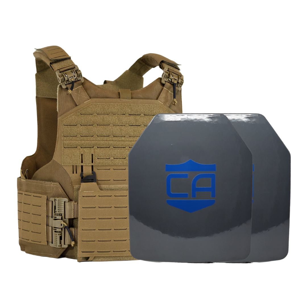 Tan M.O.D. carrier with two HX Speed Plates, SAPI cut UHMWPE plates with waterproof coating