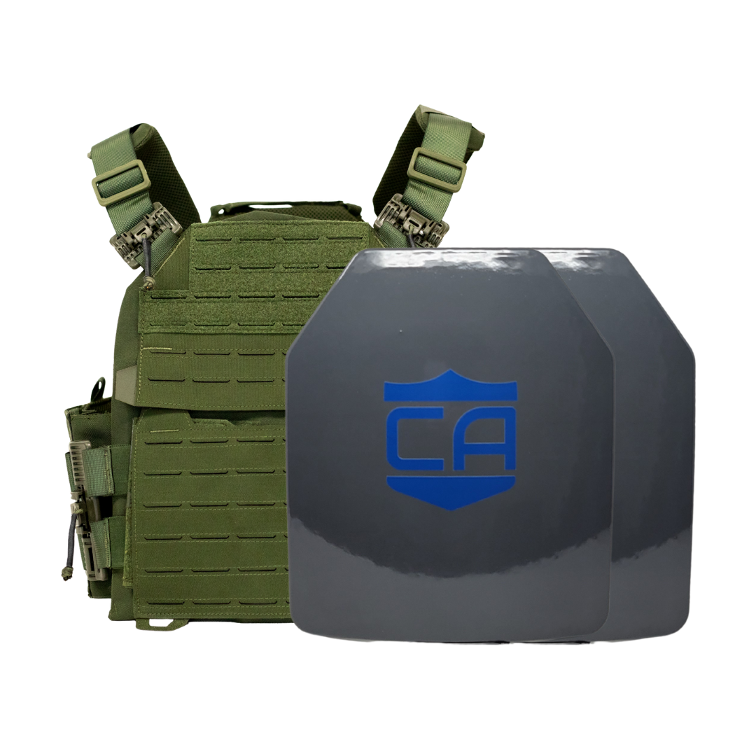 Green recon tactical carrier with two SAPI cut HX speed plates