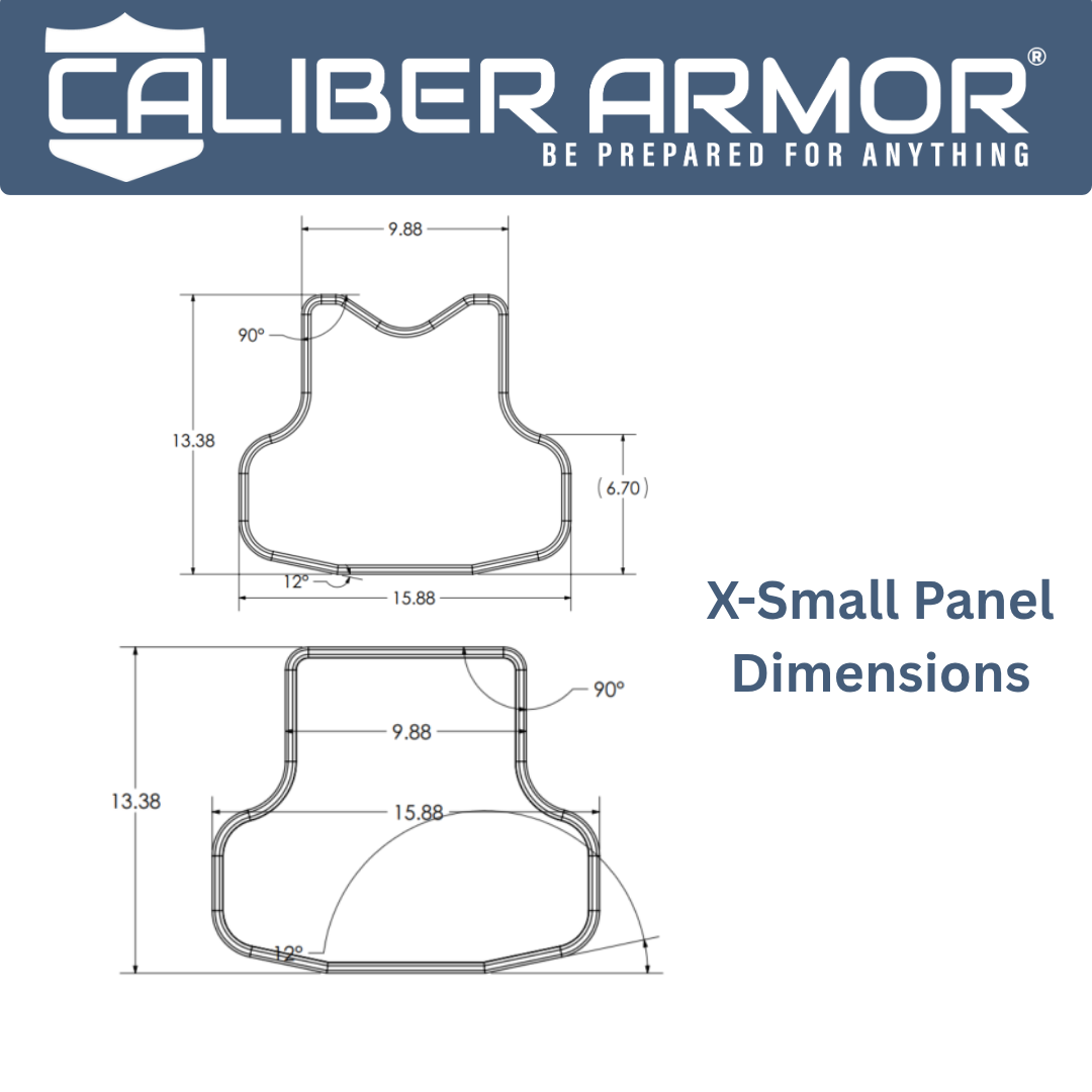 Diagram showing XS panel dimensions for front & back level iiia NIJ soft body armor 