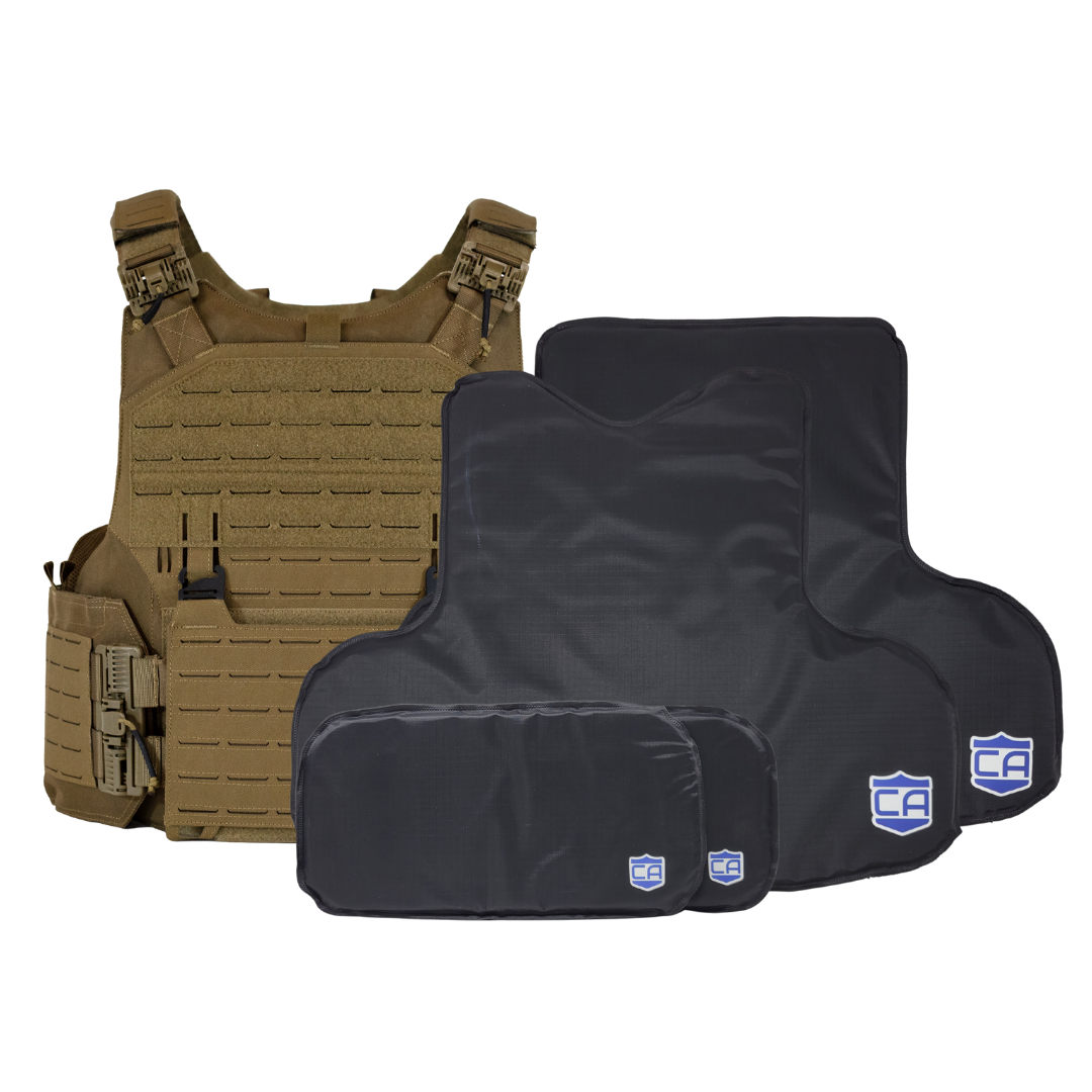 Tan M.O.D. plate carrier with CaliberX soft wrap around body armor panels & soft armor side panels
