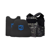 Black MultiCam Condor Outdoor MOPC plate carrier with two CaliberX PRO Soft Armor wrapaound panels with blue CA decals - NIJ Level IIIA HG2 on a white background