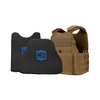 Coyote Brown Condor Outdoor MOPC plate carrier with two CaliberX PRO Soft Armor wrapaound panels with blue CA decals - NIJ Level IIIA HG2 on a white background