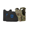 MultiCam Condor Outdoor MOPC plate carrier with two CaliberX PRO Soft Armor wrapaound panels with blue CA decals - NIJ Level IIIA HG2 on a white background