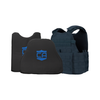 Navy Blue Condor Outdoor MOPC plate carrier with two CaliberX PRO Soft Armor wrapaound panels with blue CA decals - NIJ Level IIIA HG2 on a white background