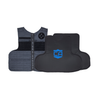 NIJ Level IIIA / HG2 CaliberX PRO Soft Body Armor Panels featuring a blue logo decal paired with a midnight blue Uniform style patrol vest on a white background used for lightweight ballistic protection
