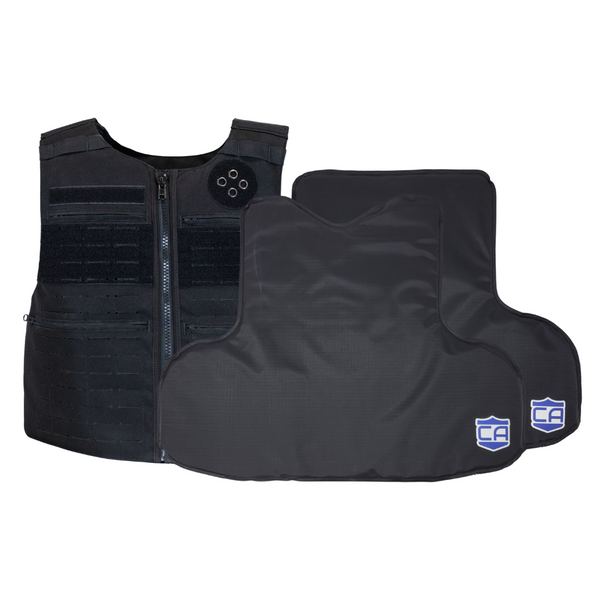 Black patrol vest with multiple pockets and front & back CaliberX Wrap Around Soft Armor Panels