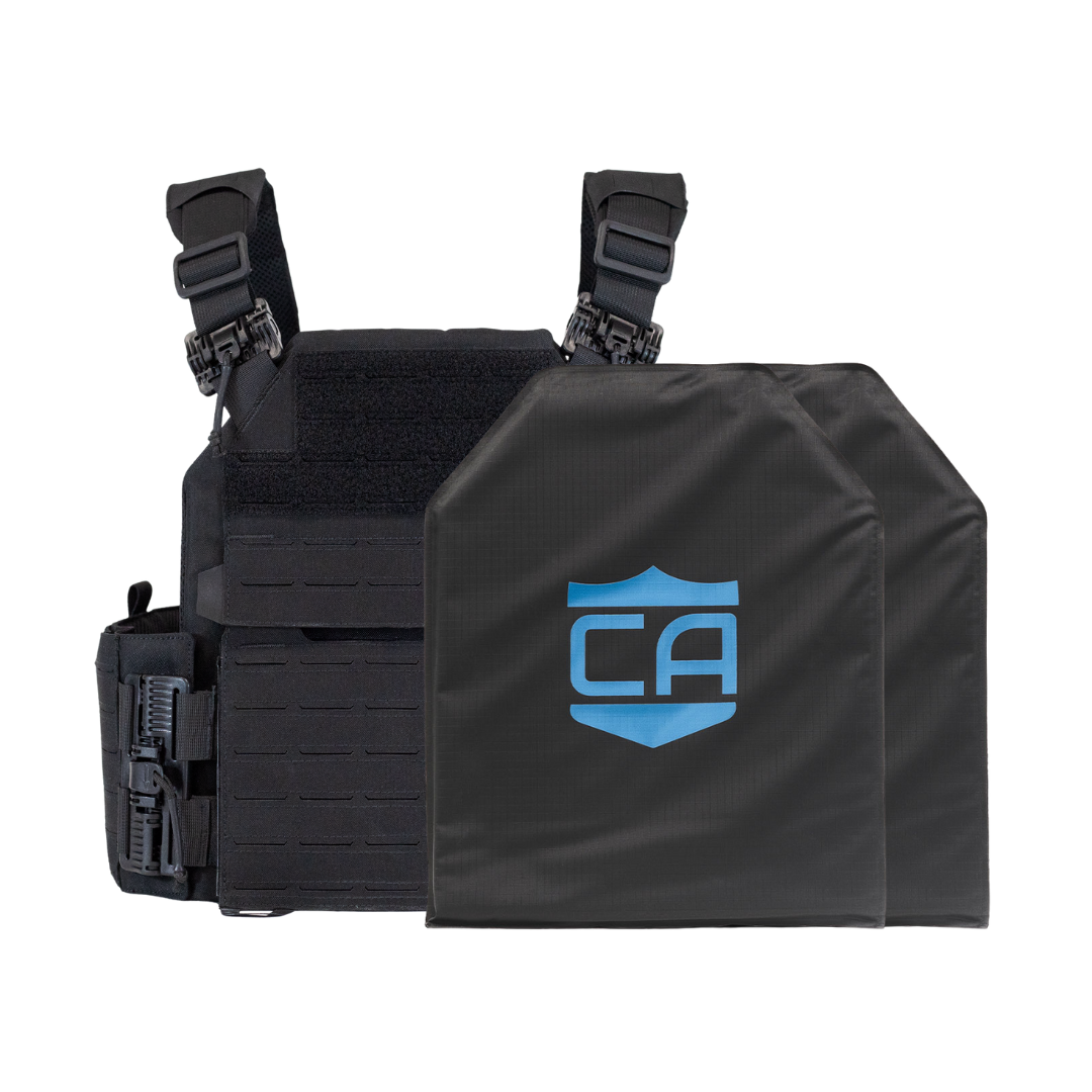 Black recon tactical carrier with two SAPI cut CaliberX Soft Armor panels