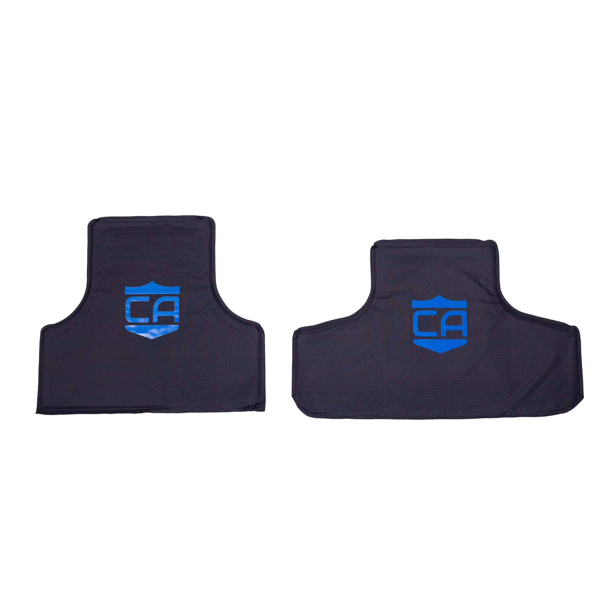 Two black soft body armor panels with blue CA (Caliber Armor) logos on a white background