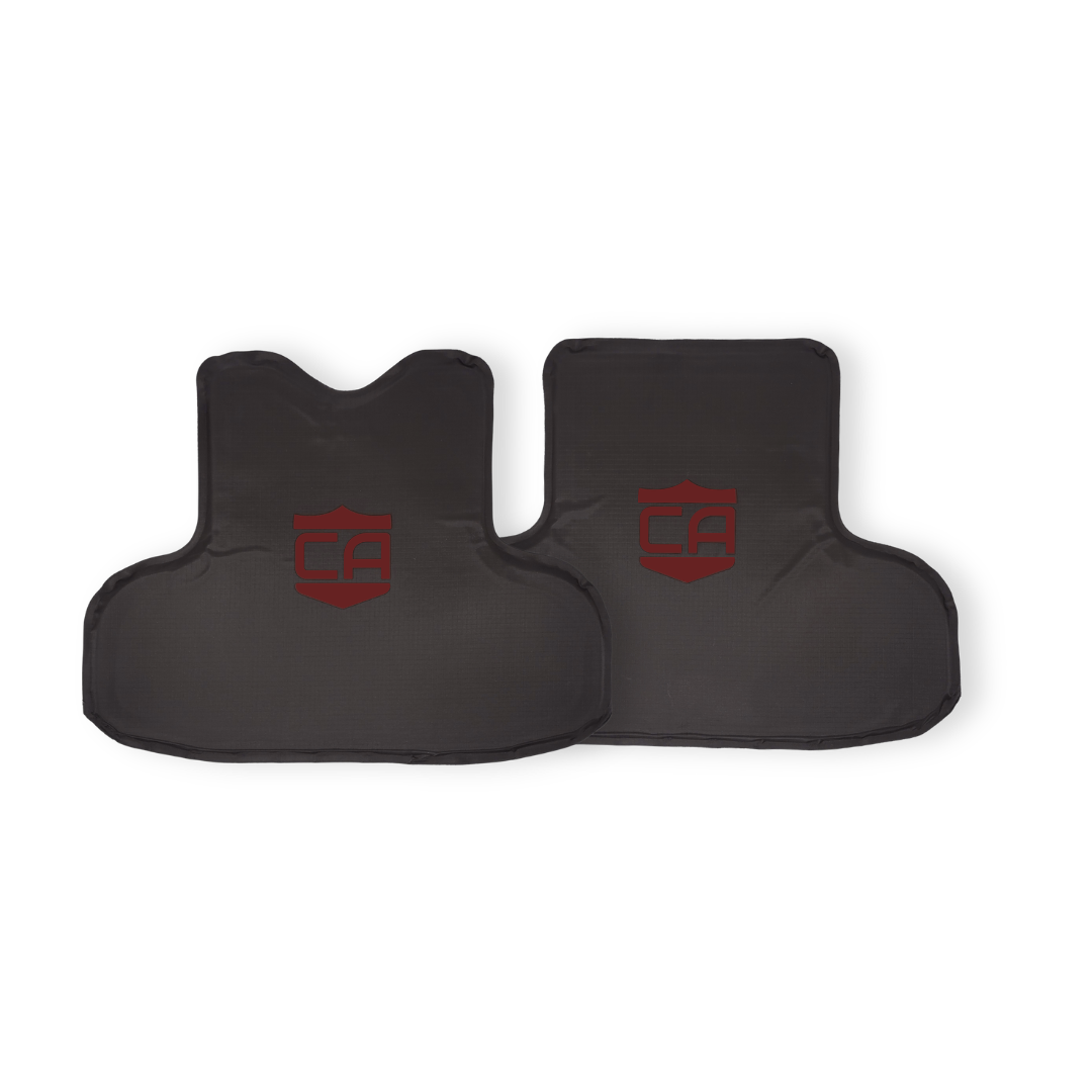 Black CaliberX Core Front & Rear NIJ Level IIIA HG2 Soft Body Armor Wraparound panels with red CA Logo decals on a white background