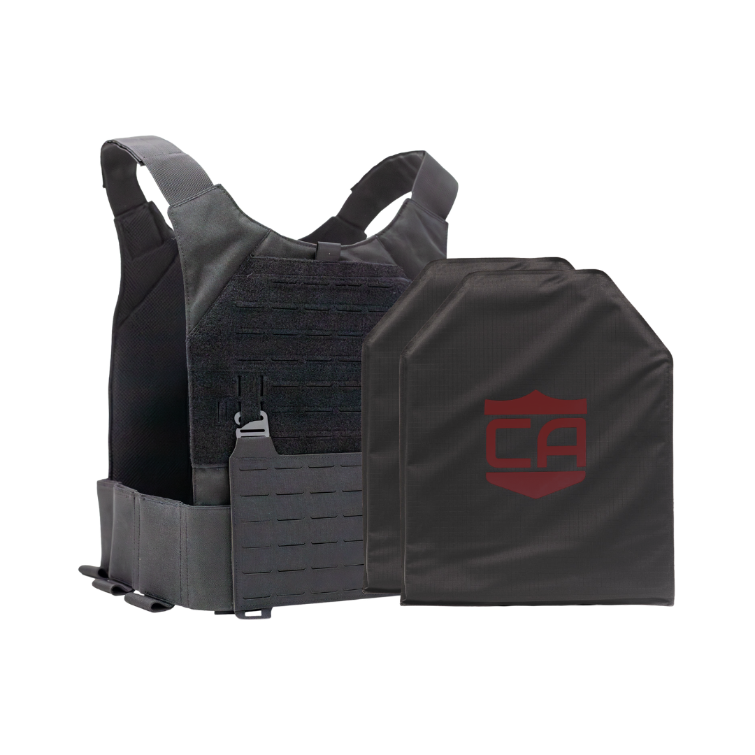 Black Caliber Armor Phantom Low visibility plate carrier with two SAPI cut CaliberX Core Soft Armor panels - NIJ Level IIIA HG2 on a white background