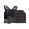 Black Caliber Armor Phantom Low visibility plate carrier with two SAPI cut CaliberX Core Soft Armor panels - NIJ Level IIIA HG2 on a white background