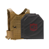 Coyote Tan Caliber Armor Phantom Low visibility plate carrier with two SAPI cut CaliberX Core Soft Armor panels - NIJ Level IIIA HG2 on a white background