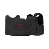 Black Condor Outdoor MOPC plate carrier with two CaliberX Core Soft Armor wrapaound panels with red CA decals - NIJ Level IIIA HG2 on a white background