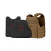 Coyote Brown Condor Outdoor MOPC plate carrier with two CaliberX Core Soft Armor wrapaound panels with red CA decals - NIJ Level IIIA HG2 on a white background