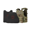 MultiCam Condor Outdoor MOPC plate carrier with two CaliberX Core Soft Armor wrapaound panels with red CA decals - NIJ Level IIIA HG2 on a white background