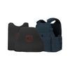 Navy Blue Condor Outdoor MOPC plate carrier with two CaliberX Core Soft Armor wrapaound panels with red CA decals - NIJ Level IIIA HG2 on a white background