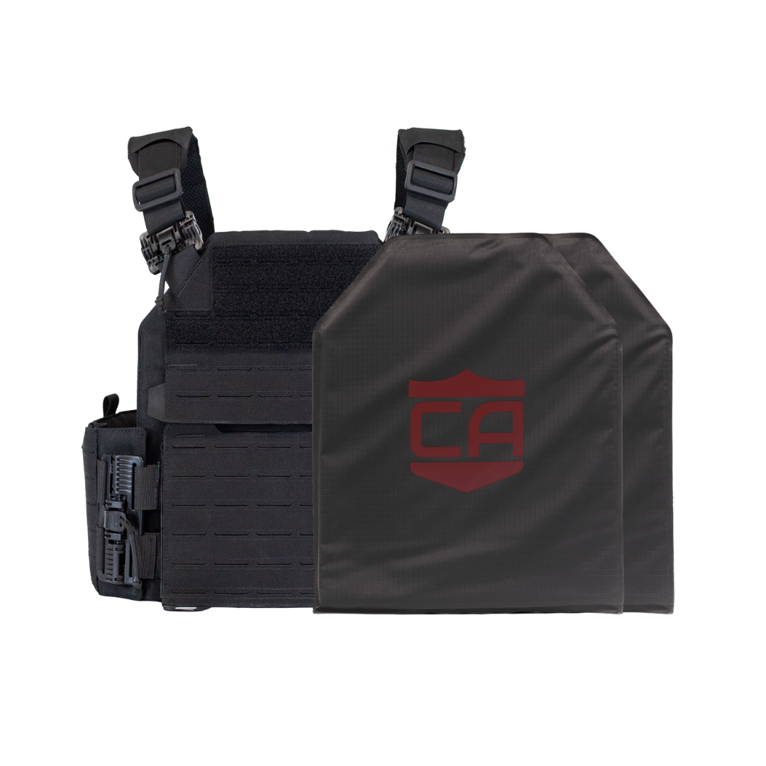 Black recon tactical carrier with two SAPI cut CaliberX Core Soft Armor panels - NIJ Level IIIA HG2