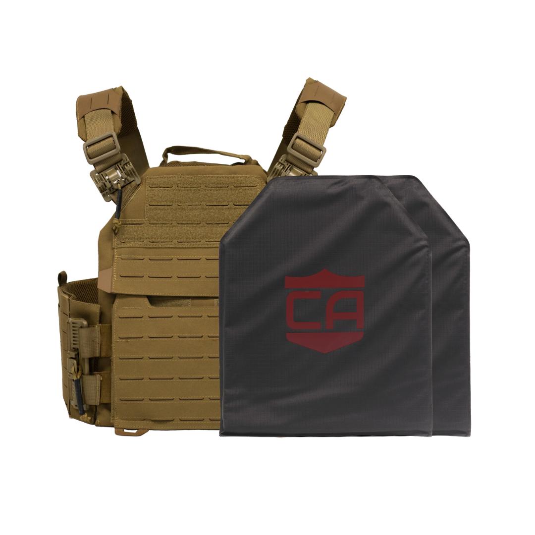 Coyote Tan recon tactical carrier with two SAPI cut CaliberX Core Soft Armor panels - NIJ Level IIIA HG2