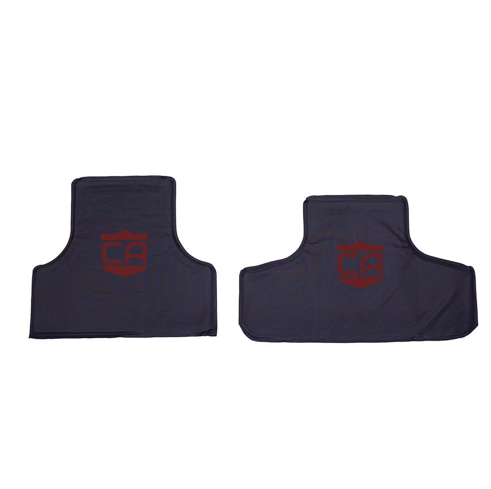 CaliberX Core Soft Body Armor panels, custom cut to fit the VISM Expert Plate Carrier, size X-Small, front & rear panels with red CA decals on a white background