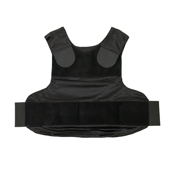 Front view of Caliber Armor covert concealable carrier in black laying flat on a white background